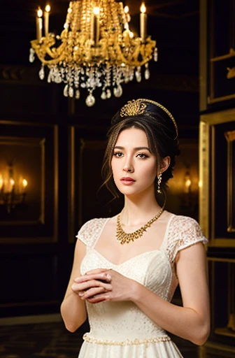 A beautiful white woman in a luxurious, golden interior space with a baroque feel, painted in the delicate style of Fernand Khnopff.。Brunette hair up and formal hat、Wear a black brimless toque。A black net hangs over his face。Wearing a gorgeous black lace dress and a black pearl necklace。A golden candlestick is held in one hand and a short candle is lit。His expression was blank and gloomy and cold.。The room is dimly lit。