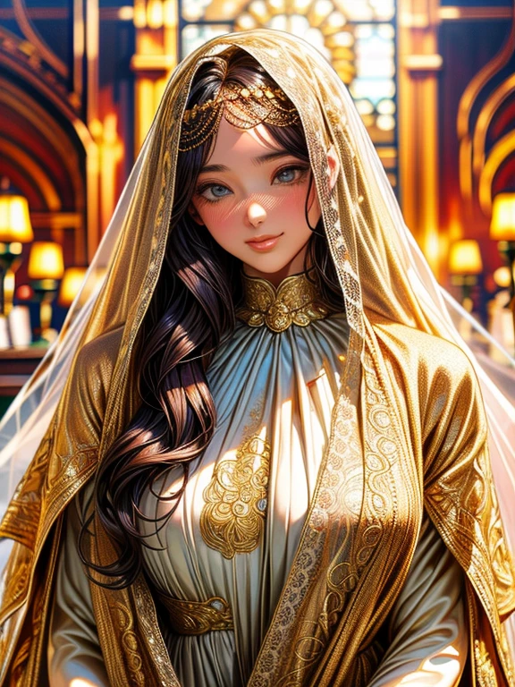 Supermodel with detailed long, curly, flowing hair, Dressed in golden clothes (Translucent and exquisitely embroidered) (Lace Face Veil) Cover your face, ((mouth is hidden)), wearing strange future fashion, Luxurious and exquisite gold accents, photograph, Exquisitely crafted, Created, Scrupulous, grow, Maximum details, Extremely beautiful, Bokeh, プロの写真photograph