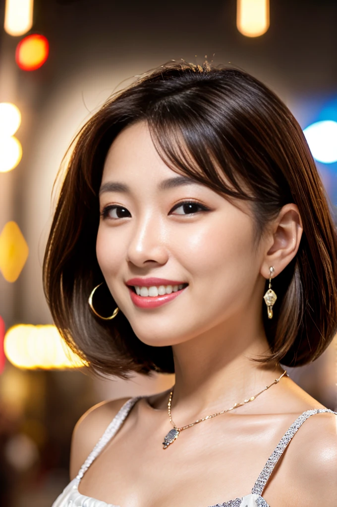(highest quality, High resolution, masterpiece:1.3), 1 young japanese girl posing for the photo, Slender figure beauty, (smooth pale skin), Small face, Breast enhancement, loose curled medium shiny brunette with highlights, Precisely expresses details such as face and skin texture, Dark brown eyebrows, moist eyes with dilated pupils and large irises, double eyelid, thick plump big lips, big smile, Concert makeup, (Empire waist mini dress), necklace and earring, (cowboy shot), A person in the center left and right, The whole head is shown, Professional cinematic lighting