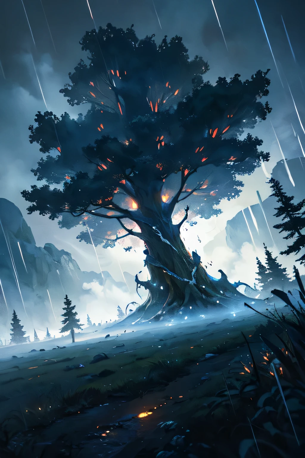 huge white ghost tree Yggdrasil, (heavy rain:1.2), night, deep fog, strong wind, motion blur, magnificent overlooking view, perfect magnificent dark fantasy world, dutch angle, ink painting style