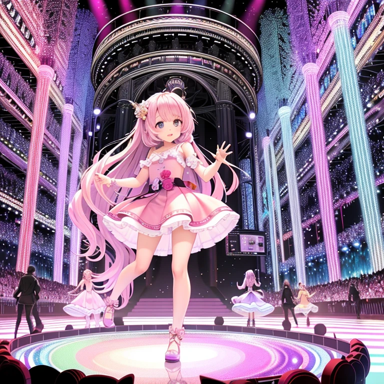 Iridescent tree々,A sparkling river flows,Unicorns running around,Fairies are flying,Ai Fukuhara,Pink Dress,I can see a little bit of her white panties under her skirt,Purple gradient long hair,Flower crown,Black-haired girls walking hand in hand,Rainbow Road