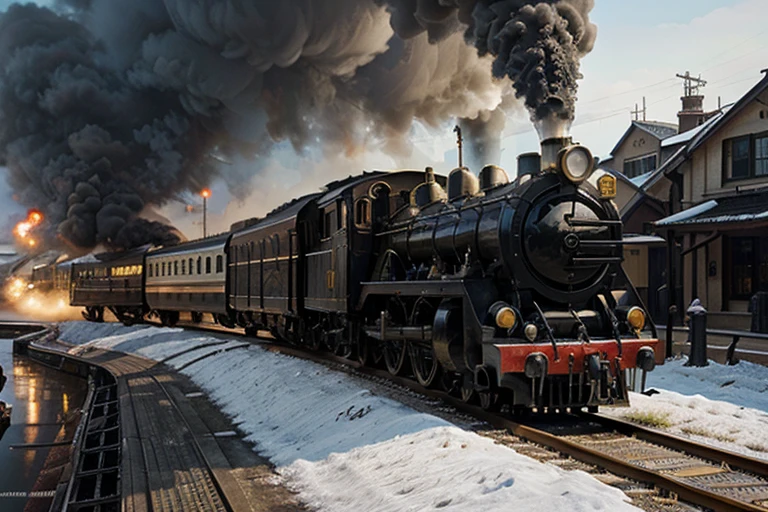 Impressive steam locomotive painting。Detailed details。high resolution。