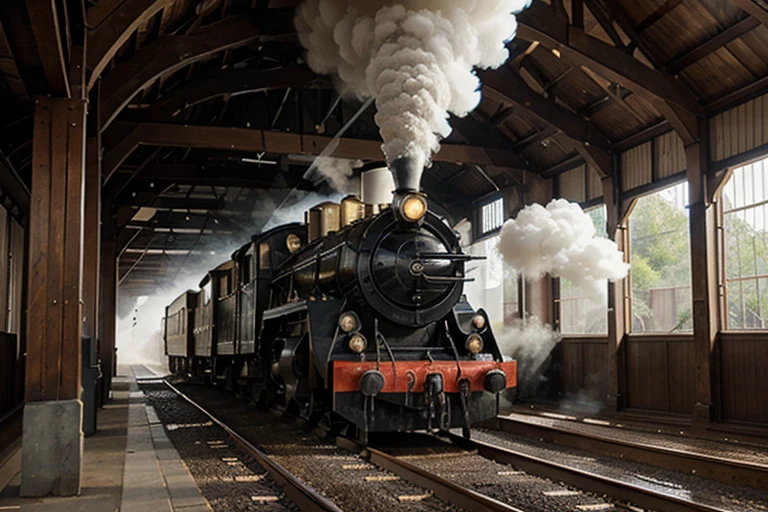 Impressive steam locomotive painting。Detailed details。high resolution。