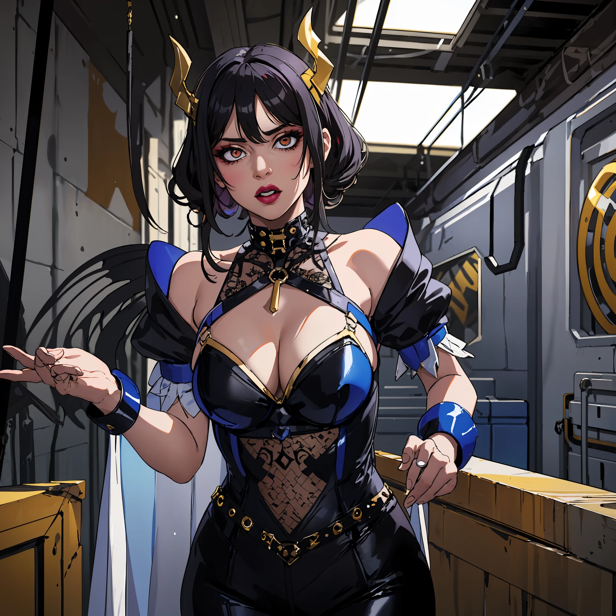 (masterpiece:1.2, best quality), (real picture, intricate details), (1lady, solo, curvy upper body, big ) The clothes are royal blue and gold ar：avant-garde，avant-garde，Experiment with appearance：curlies，Dramatic makeup，Unconventional fashion choice behavior：rebelliousness、non-conformist、Provocation location：demon eyes,urban art district、Underground music venues Hobbies：Particiwpation in punk shows、creating mixed media art、Try different subcultural values：individuality、Realiy、Creative expression of inspiration：goth artmusic、Counterculture icons，Avant-garde art movement character traits：boldness、boldness、act outside the box