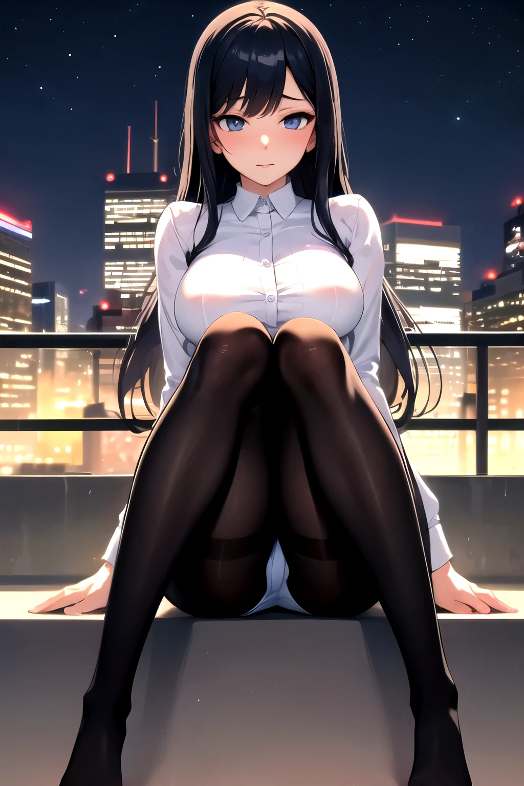 masterpiece, best quality, wallpaper, 1girl, long hair, black hair, sky blue eyes, hair accessories, cute, innocent, blouse, no pants, pantyhose, stockings, 35 years old female, innocent, safe for work, wholesome, city streets, night, no undergarment visible, no panty, only wearing pantyhose, mature face, mature body, medium breast, sitting pose with 2 feet standing and legs bent, L sitting, sitting on floor, front view, embarrassed face, Indian sitting style, 