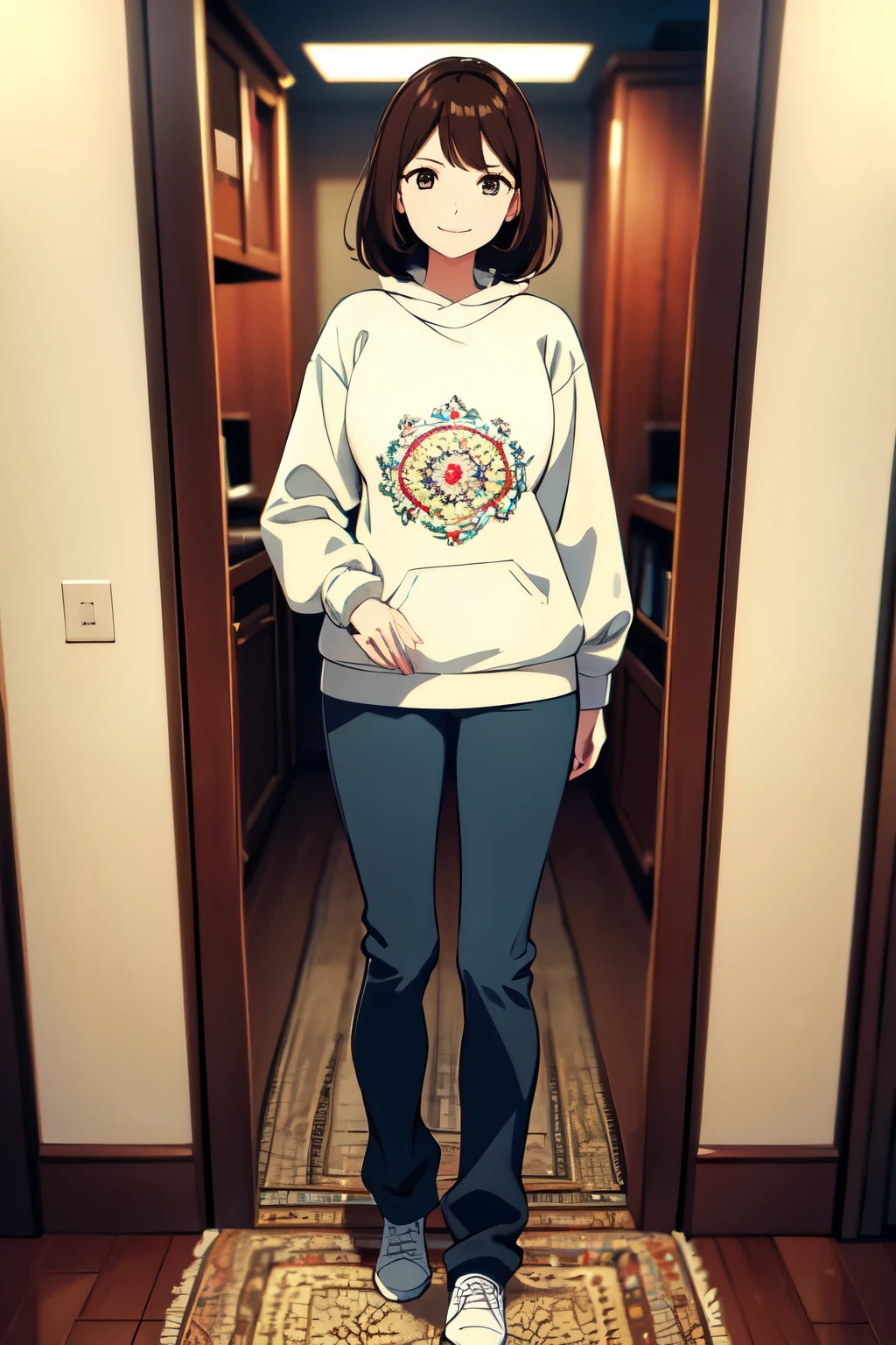 masterpiece, 32k, extremely detailed, finely detail, intricate details,
BREAK
(absurdres:1.1, highres:1.1, ultra detailed:1.1),
insanely detailed, absurdres,
(high resolution:1.1, ray tracing:1.1, refraction:1.1)
(1woman, solo:1.3),
ultra beautiful face, ultra beautiful,
BREAK
perfect symmetrical face, smile,
sweatshirt, brown hair, pant
BREAK
standing, (((full body))),
BREAK
