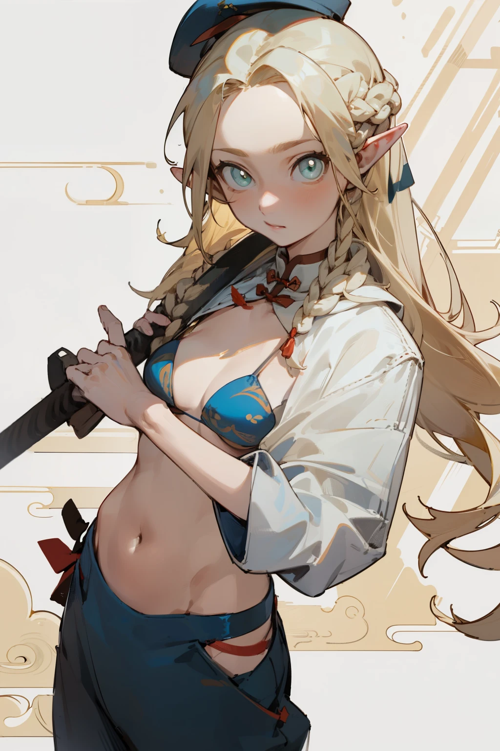 Wearing a bikini、Wearing a hat and a sword,Wearing headphones, (masterpiece, best quality) detailed,silver accessories , Blonde ,elegant, Pointed ears ，Chinese element pattern，Wear a white shirt,Navel exposed,