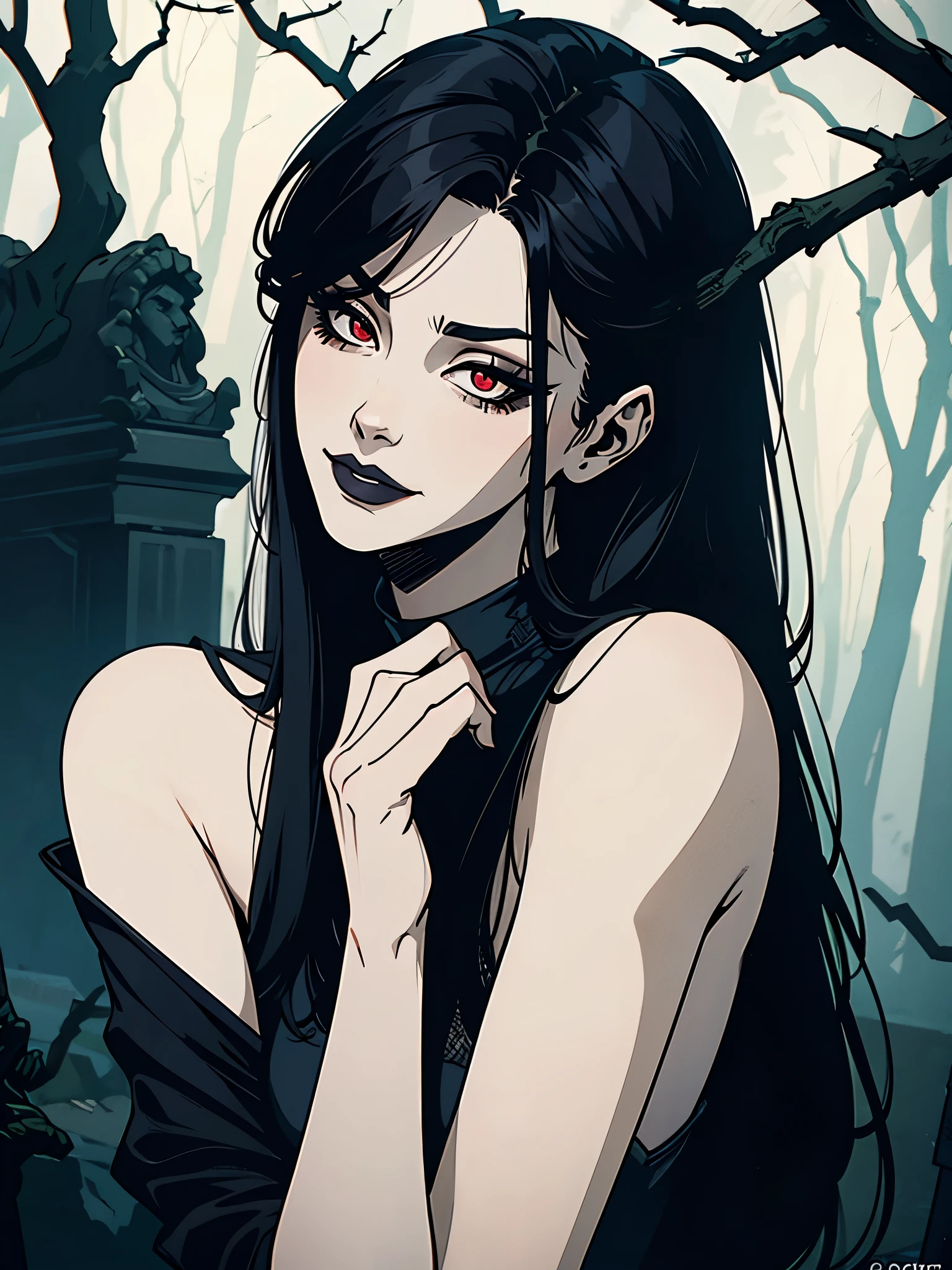 (best quality,4k,8k,highres,masterpiece:1.2),ultra-detailed,(realistic,photorealistic,photo-realistic:1.37),goth korean girl, gothic,1woman,dark forest,red eyes,dark ambient,low saturation,anime style,pale skin,long flowing hair,gothic clothing,silhouette,surreal background,mysterious atmosphere,intense emotions,melancholic expression,lens flare,dramatic shadows,symbolic elements,heavy makeup,pale and dark colors,misty fog,ethereal beauty,subtle texture, dark makeup, back shot , full body, wicked smile, witch
