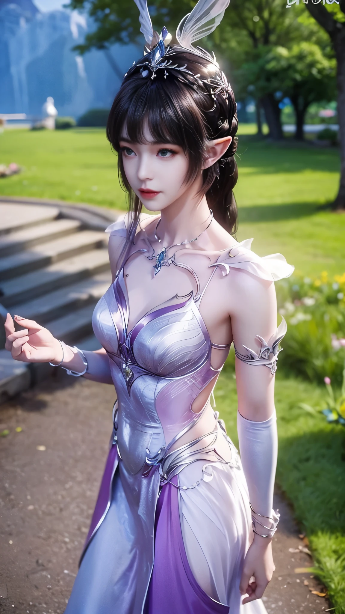 8k, masterpiece, a close up of a woman in a purple dress, a beautiful fantasy empress, beautiful fantasy dress, bare thigh, fantasy art style, trending on cgstation, beautiful and elegant elf queen, beautiful maiden, shining skin, intricate ornate anime cgi style, ((a beautiful fantasy purple empress)), beautiful Realistic woman, shining skin, in the park, sun shining, Realistic shadow, perfect belly pose,