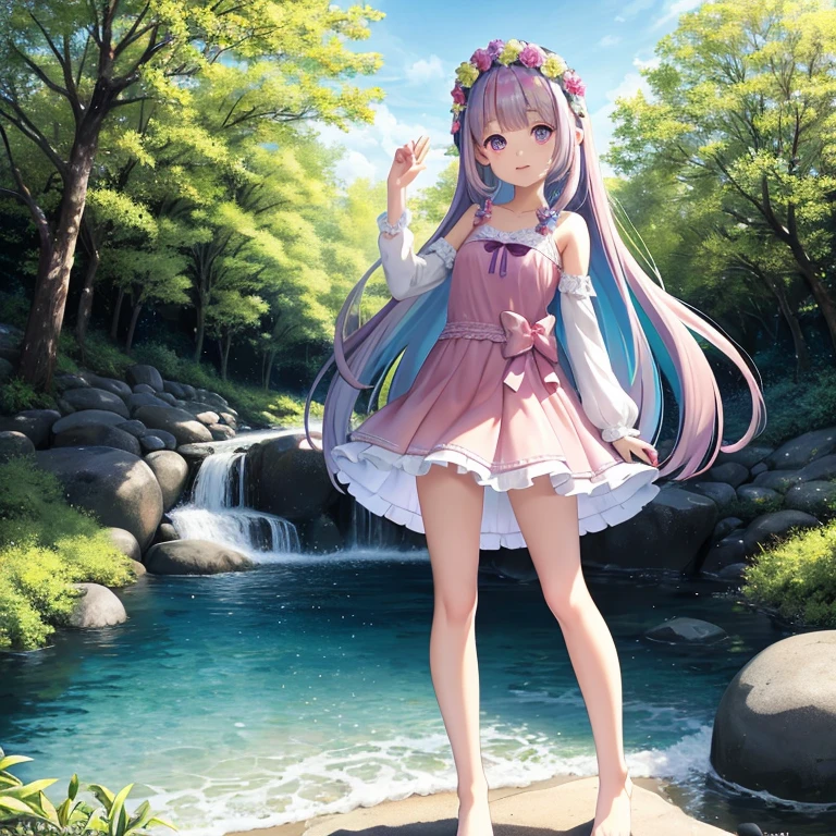 Iridescent tree々,A sparkling river flows,Unicorns running around,Fairies are flying,Ai Fukuhara,Pink Dress,I can see a little bit of her white panties under her skirt,Purple gradient long hair,Flower crown,Black-haired girls walking hand in hand,Rainbow Road