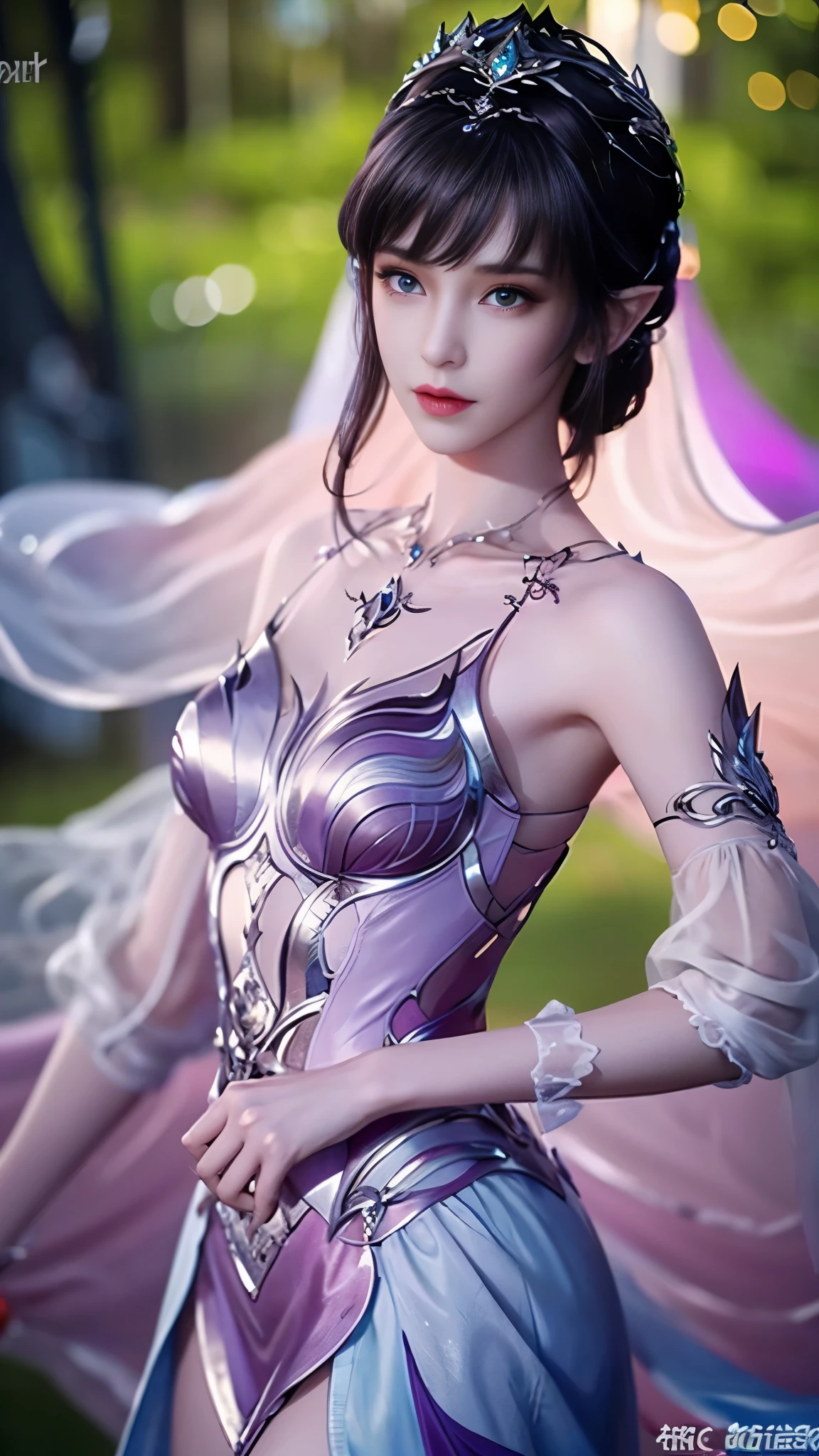 8k, masterpiece, a close up of a woman in a purple dress, a beautiful fantasy empress, beautiful fantasy maiden, fantasy art style, trending on cgstation, beautiful and elegant elf queen, beautiful maiden, shining skin, intricate ornate anime cgi style, ((a beautiful fantasy purple empress)), beautiful alluring Realistic woman, shining skin, in the park, sun shining, Realistic shadow, front body,