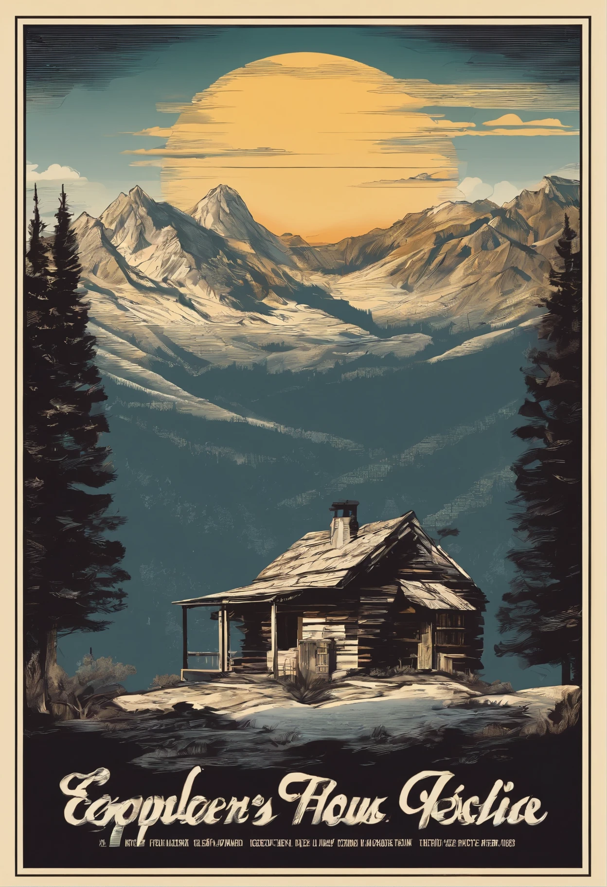 Printable vector t-shirt design, Adventure scenes with explorers, With beautiful evening sunlight and mountains in the background, Clean white background, Professional Vector, panoramic, 8k resolution, Deep print illustration, A collapsed American house on the top of a mountain seen from a distance