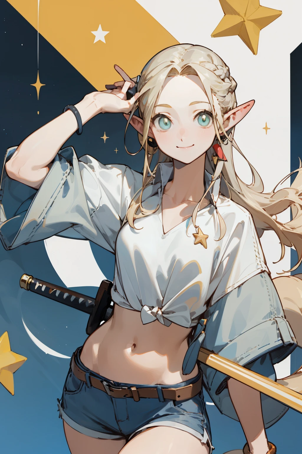 Wearing a bikini、Wearing a hat and a sword, Wearing headphones,(masterpiece, best quality) detailed,silver accessories , Blonde ,elegant, Pointed ears ,White shirt,shorts,Double tail,Waist-length hair,Smile,Star decoration