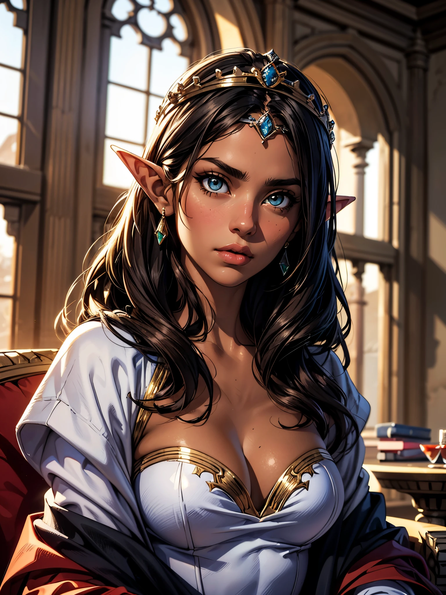 (masterpiece), (top-quality), sunset, natural lights, ,(realistic:1.5), 1girl, long brown hair, slim, looking to the site, elf princess, tiara, detailed medieval throne room in background, medieval_dress, cleavage, medium breasts, pointed ears, upper body, mid shot, masterpiece, detailed, mature, bright colors, high saturation, stunningly beaufiulf girl hazel eyes, black hair, punk hair, tanned, dark skin, africanamerican, precise hands, confident look、determined expression,, Clear eyes, Shining eyes,, ultra-definition, Top resolution, soft lightning