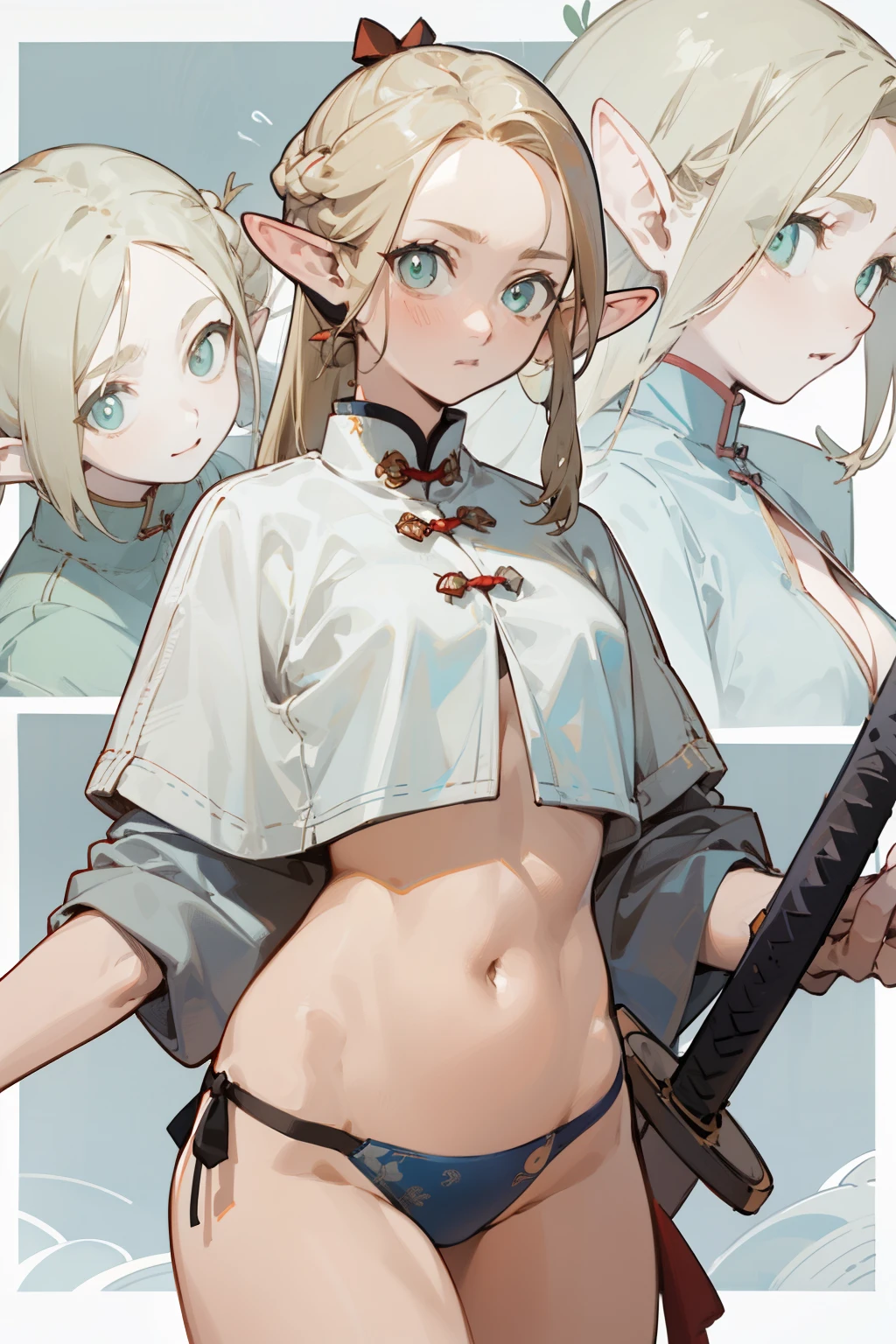 Wearing a bikini、Wearing a hat and a sword,Wearing headphones, (masterpiece, best quality) detailed,silver accessories , Blonde ,elegant, Pointed ears ,Chinese element pattern,Wear a white shirt,Navel exposed,