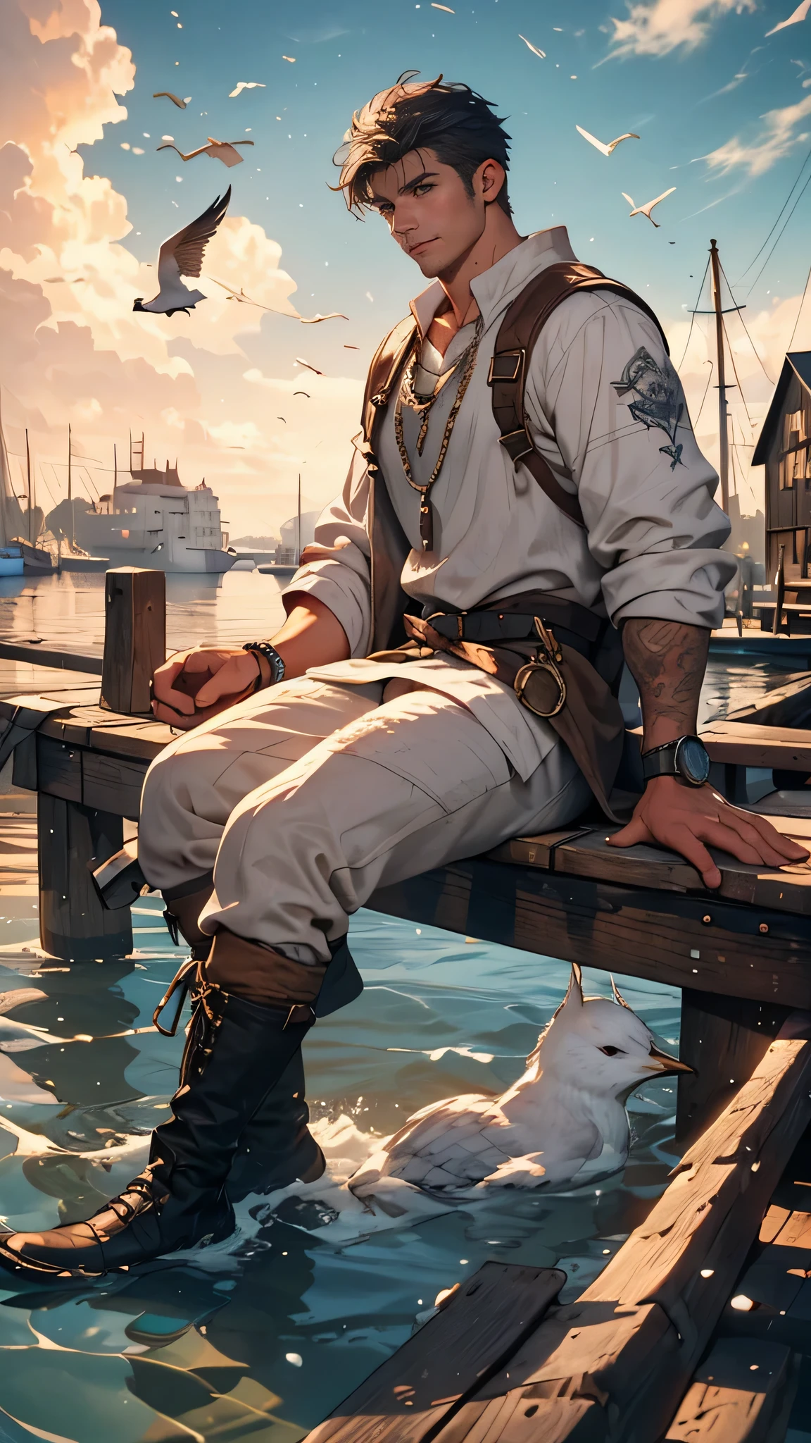 (a young fisherman, a commoner, in tattered white clothes,sitting,fishing on the harbor dock,medieval fantasy theme),[oil painting](best quality,4k,8k,highres,masterpiece:1.2),[dramatic lighting],[misty atmosphere],detailed waves,[old wooden fishing boat],rustic buildings,cobblestone street,seagulls in the sky,colourful sunset,overlooking castle silhouette,enchanting music