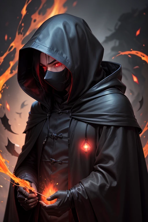 man in black, hooded, black clothes, hidden face, red eyes, black sandstorm, black mage, necromancian