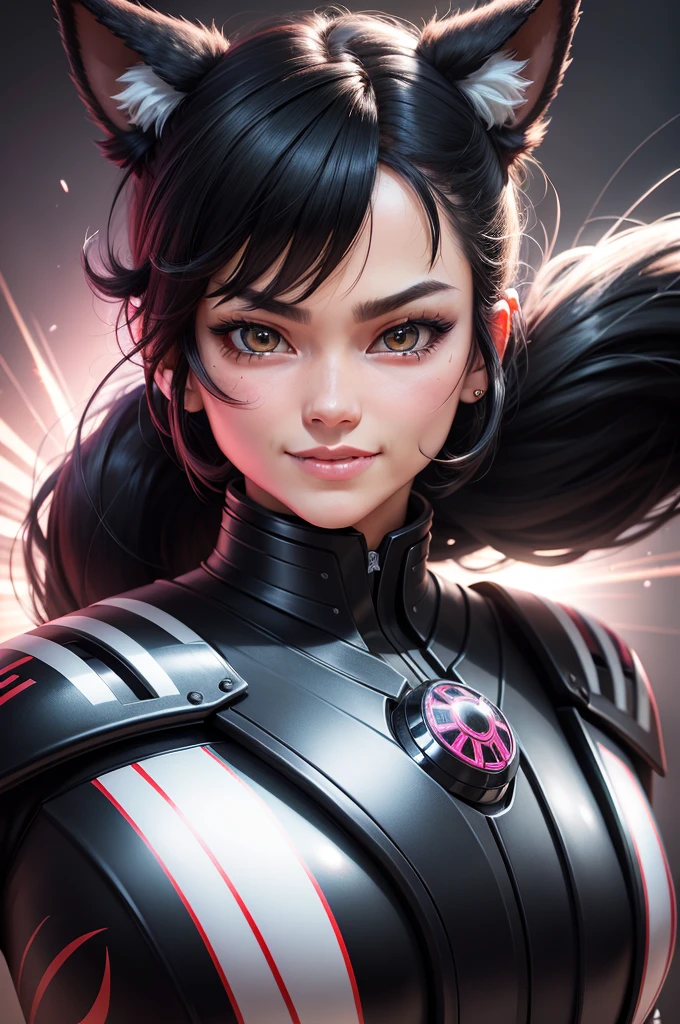 Kamen Rider Black Hair, hair bobbles, wince, longeyelashes, solid circle eyes, fake animal ears, light smile, ear blush, fang, Surrealism, drop shadow, anaglyph, stereogram, tachi-e, pov, atmospheric perspective, 8k, super detail, ccurate, best quality, UHD, textured skin, highres, 4K