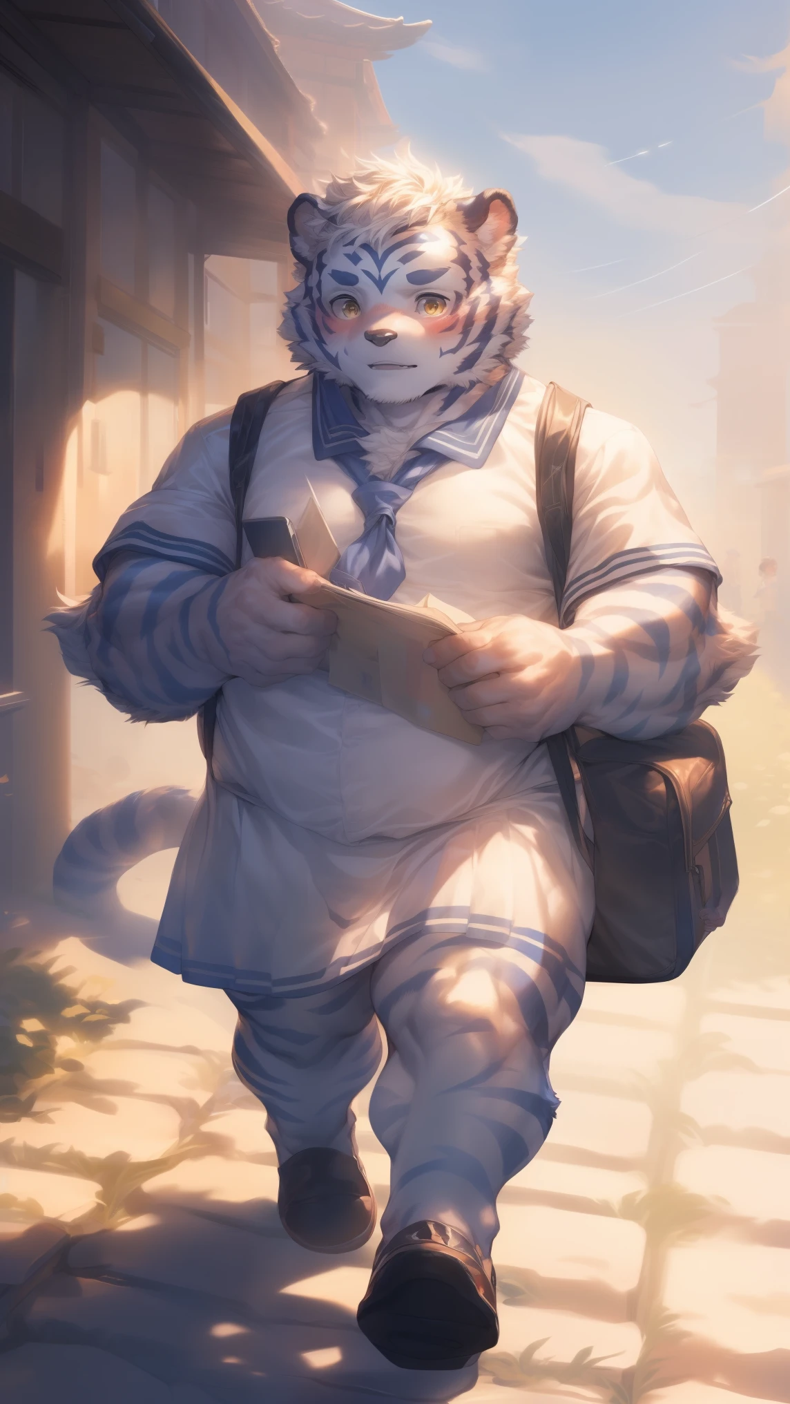 (through empty ghost, From thebigslick, through dark gems, Will chase), Keyuan Tower (Onmyoji Daisenji Temple), High quality photos, Perfect anatomical structure, Anthropomorphic white tiger, Men, 16 years old, thick eyebrows, (short hair:1.5), Light blue stripes, Strong body, pectoralis major, Light blue school uniform, Black bow tie,Small bump, Carrying a school bag, Walking on the way home,Shy expression, blush, Golden pupils, Look at the audience, Clear facial features, Strong, Solitary, solo, Front view, Full body image, Fog atmosphere, on the street,Roadside trees,Roadside bench,mailbox,Correct gestures