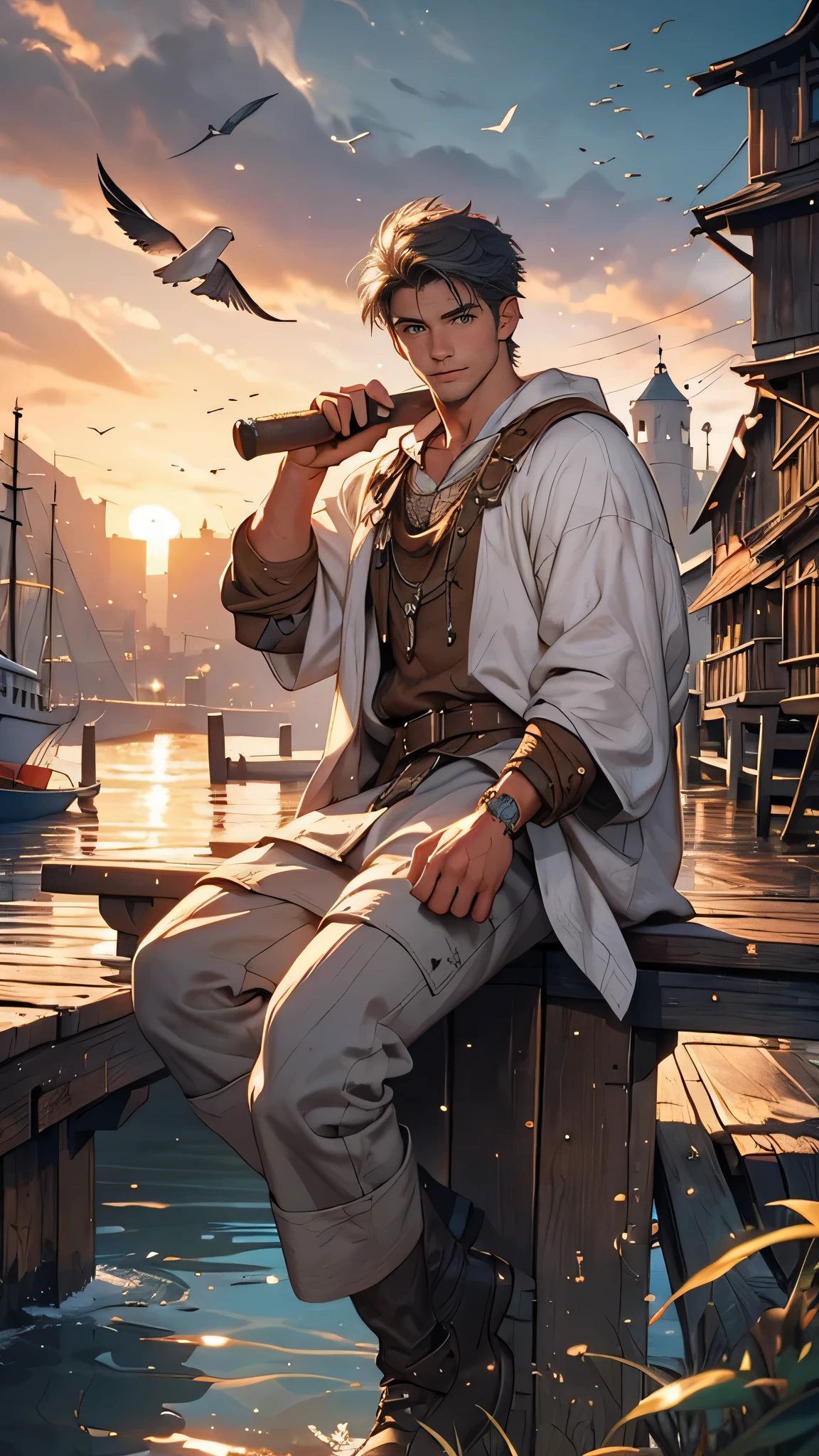 (a young fisherman, a commoner, in tattered white clothes,sitting,fishing on the harbor dock,medieval fantasy theme),[oil painting](best quality,4k,8k,highres,masterpiece:1.2),[dramatic lighting],[misty atmosphere],detailed waves,[old wooden fishing boat],rustic buildings,cobblestone street,seagulls in the sky,colourful sunset,overlooking castle silhouette,enchanting music
