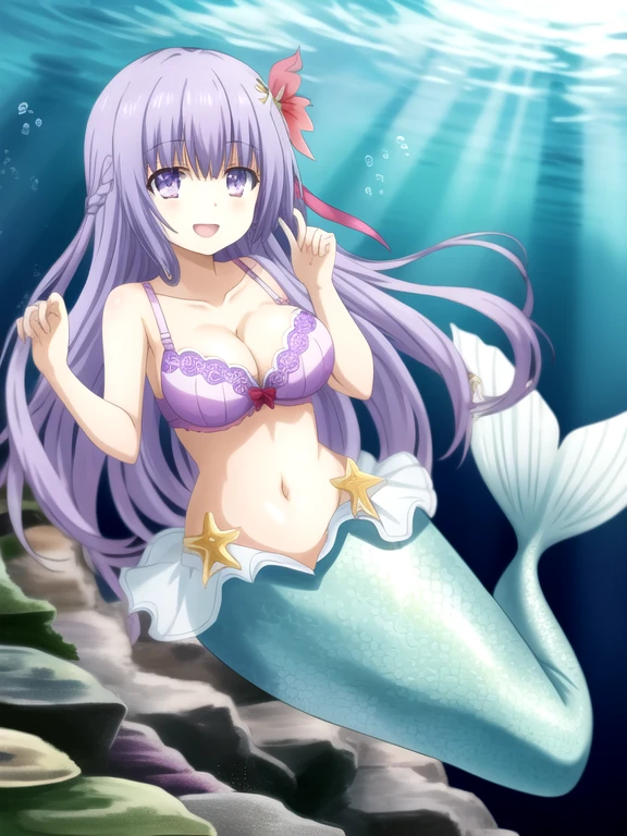 Miku Izayoi | Date A Live, mermaid, long hair, light purple hair, purple eyes, cleavage, bra, underwater, sea, looking at viewer, happy,