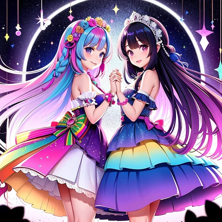 A colorful fantasy world,Two girls walking hand in hand,Rainbow Road,Iridescent tree々,A sparkling river flows,Unicorns running around,Fairies are flying,Ai Fukuhara,Pink Dress,I can see a little bit of her white panties under her skirt,Purple gradient long hair,Flower crown,Black Hair Girl