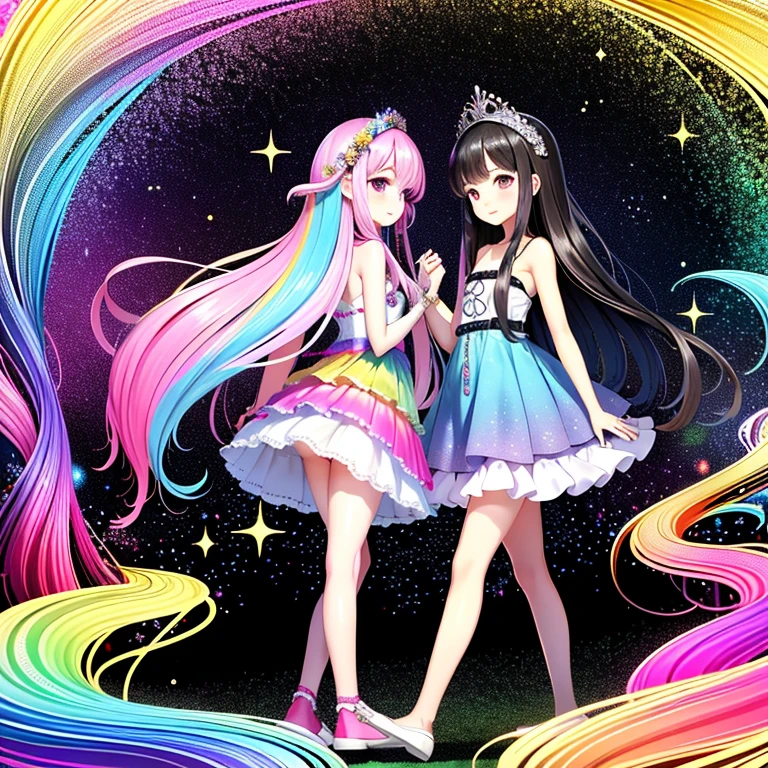 A colorful fantasy world,Two girls walking hand in hand,Rainbow Road,Iridescent tree々,A sparkling river flows,Unicorns running around,Fairies are flying,Ai Fukuhara,Pink Dress,I can see a little bit of her white panties under her skirt,Purple gradient long hair,Flower crown,Black Hair Girl