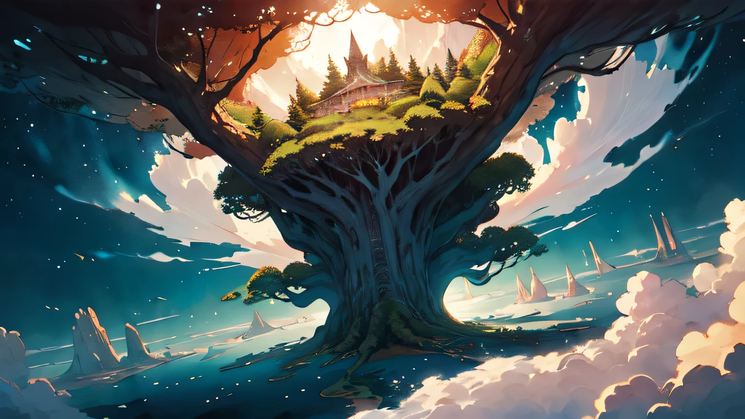 huge ghost of huge tree Yggdrasil,magnificent overlooking view, cloud ocean below, perfect magnificent dark fantasy world, dutch angle, ink painting style