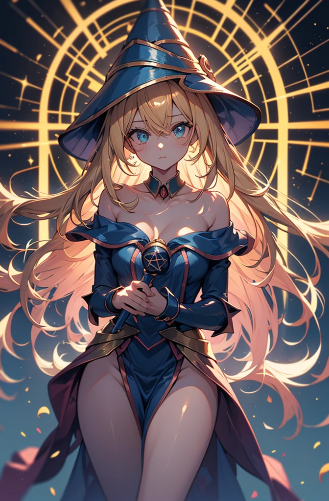 Black Magician Girl、T-back that digs into your butt、emphasis on the buttocks、Rear view、super breasts、thick thighs、blonde hair、magic circle、magic wand