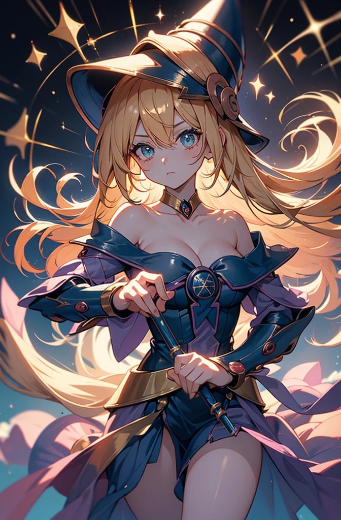 dark magician girl, duel monster, blush stickers, blonde hair, green eyes, long hair, breasts, blush, bangs, large breasts, hair between eyes, pentacle, pentagram, hat, dress, cleavage, bare shoulders, collarbone, choker, blue headwear, wizard hat, bracer, detached sleeves, highest quality,((highest quality)),((Tabletop)),((Perfect Face)),become close５Two fingered hand,1 girl,(Background Blur),, Unreasonable,Her figure is extremely beautiful, Emphasizing the dark and crazy elements. Skillfully expressing the effects of light and shadow, detailed, The face and expression are carefully drawn..., Artistic elements add depth to the work, With a unique artistic touch. This film is visually stimulating、Aesthetically pleasing.,sketch (Character design sheet, same characters, whole body, Three-View, front, ~ ~ ~ side, return),,milky way, (Stripes of light), Impressive visuals, (Dynamic Streaks, Path of Light:1.2), Bright colors, Look up,Dynamic pose, Fountain in the background,　Carrying a walking stick, Looks like an anime poster,　A fateful journey