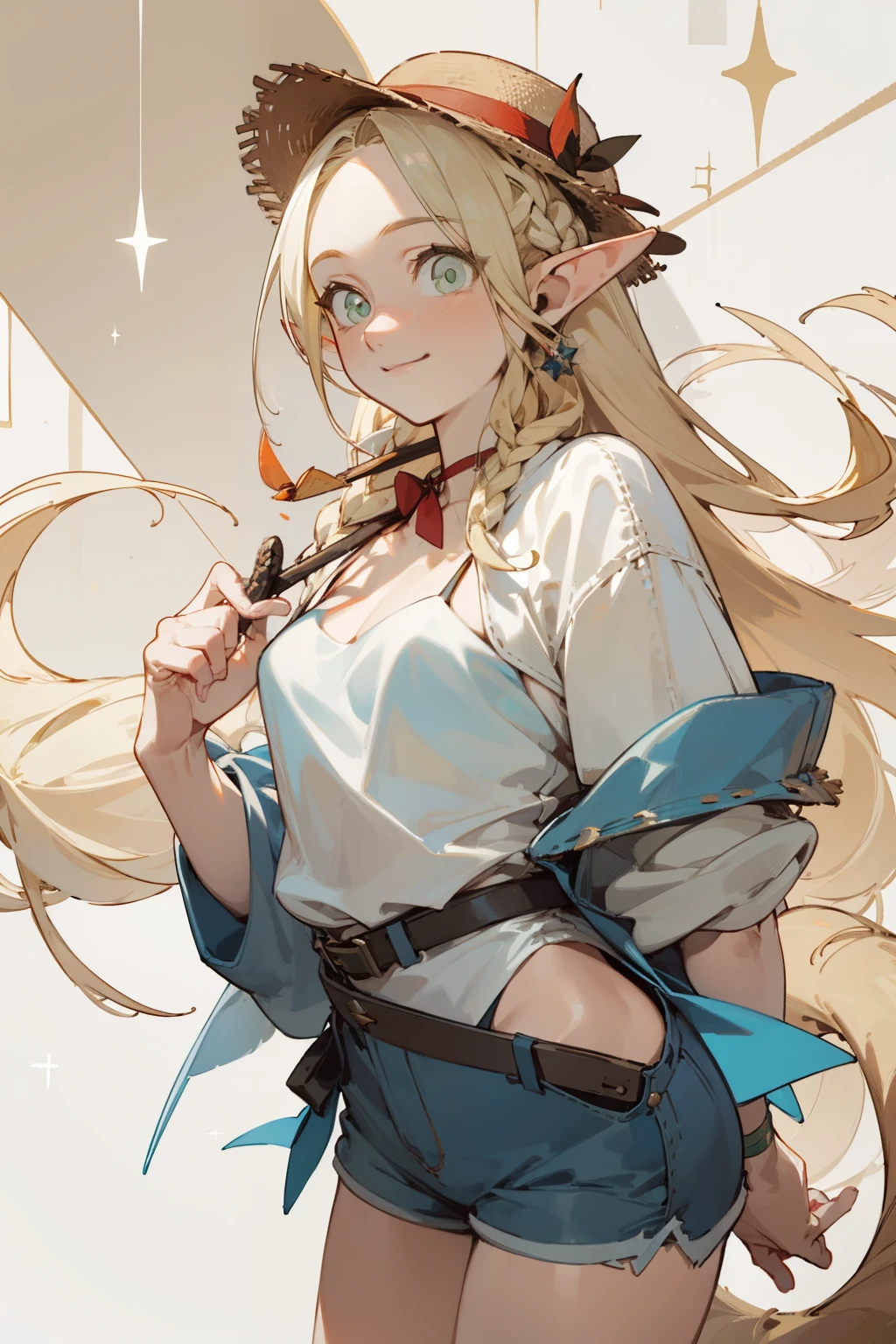 Wearing a bikini、Wearing a hat and a sword, Wearing headphones,(masterpiece, best quality) detailed,silver accessories , Blonde ,elegant, Pointed ears ，White shirt，shorts，Double tail，Waist-length hair，Smile，Star decoration，Wearing a straw hat