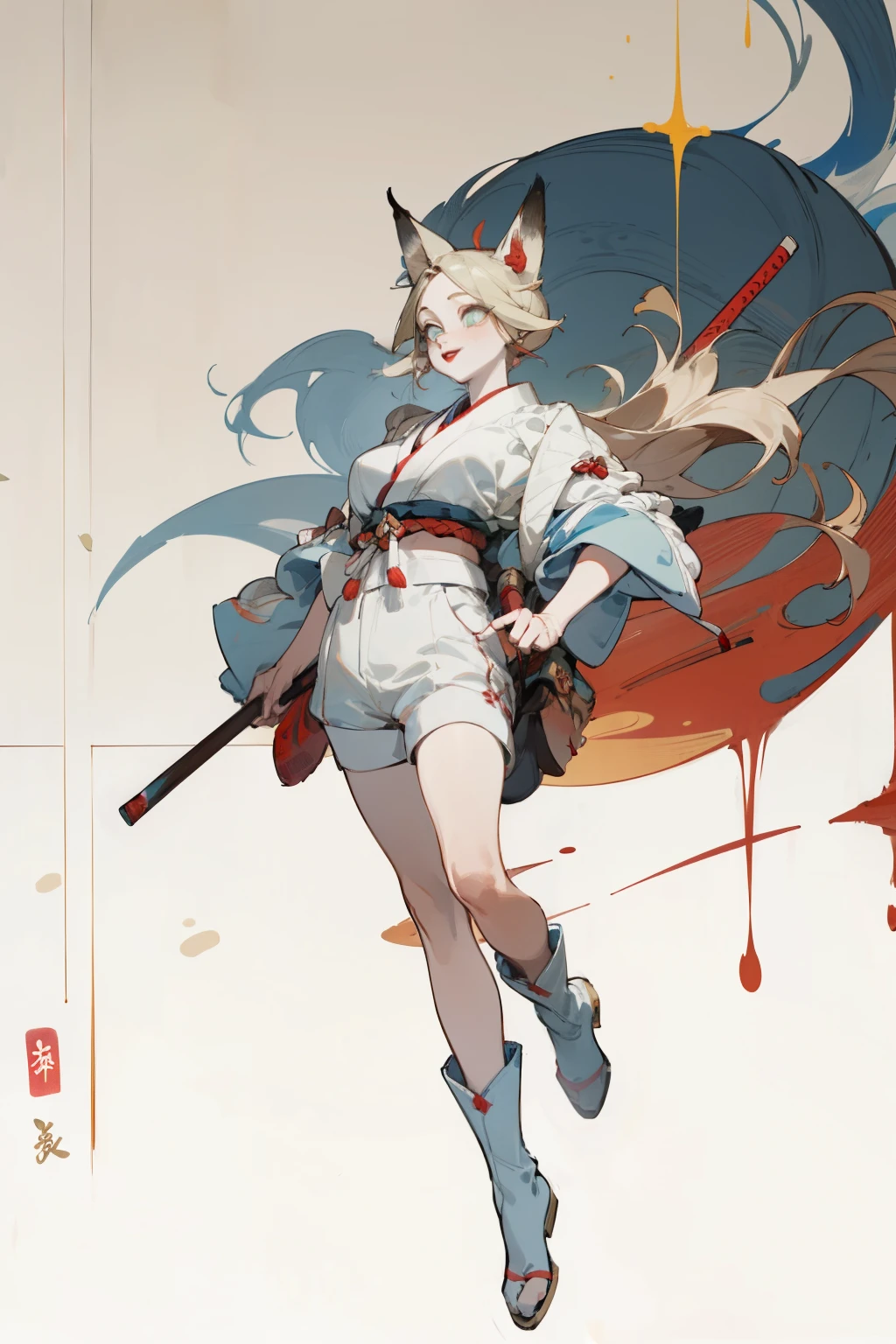 Upper body standing painting, White skin, (Fox ears), Exquisite eyes,Red Eyeshadow, Red lips，White shorts,Fake laugh, Ukiyo-e, masterpiece, high quality, at the lowest limit, Tiny,White boots，Huge breasts