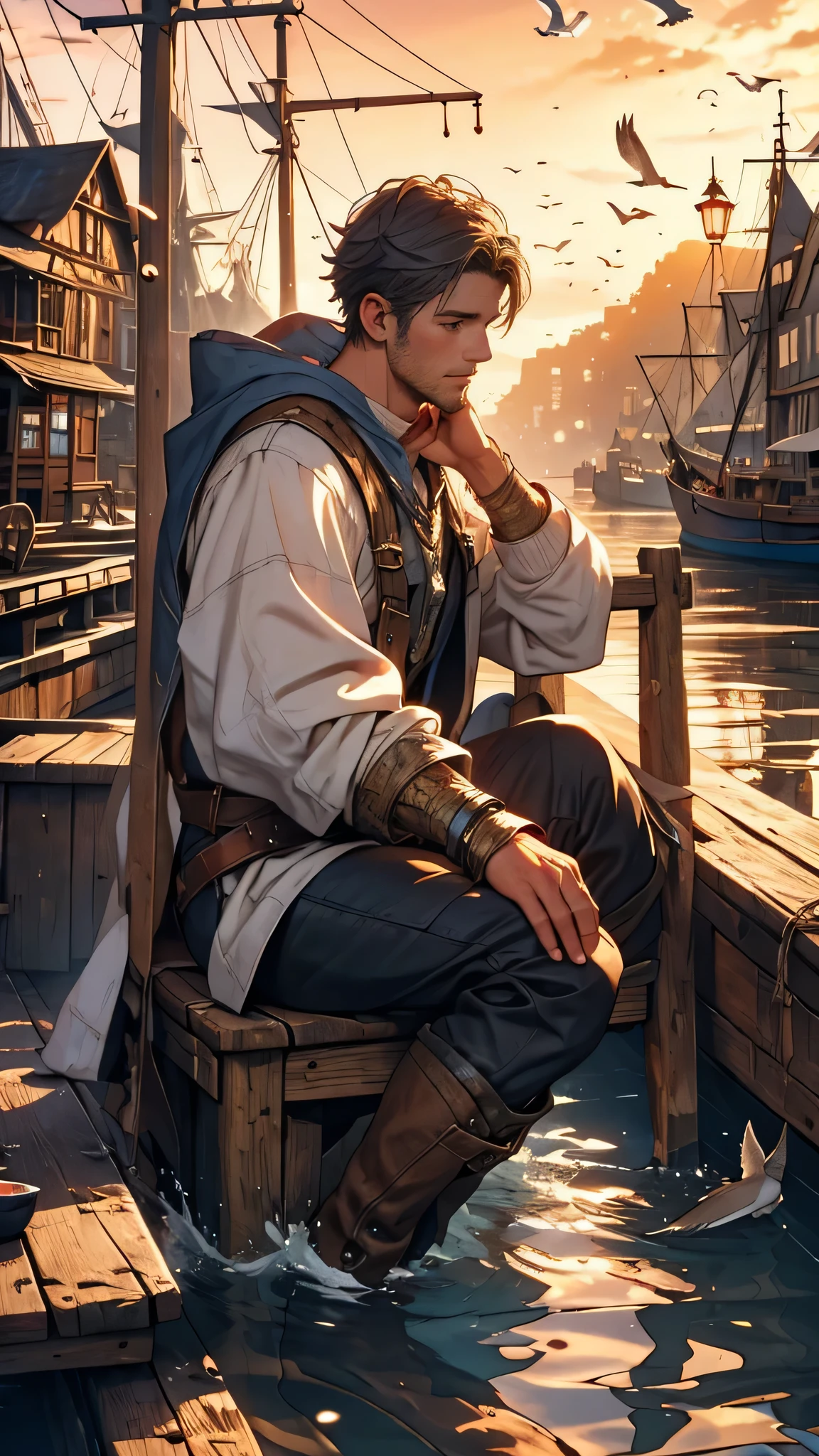 a young fisherman, a commoner, in tattered white clothes,sitting,fishing on the harbor dock,medieval fantasy theme),[oil painting](best quality,4k,8k,highres,masterpiece:1.2),[dramatic lighting],[misty atmosphere],detailed waves,[old wooden fishing boat],rustic buildings,cobblestone street,seagulls in the sky,colourful sunset,overlooking castle silhouette,enchanting music