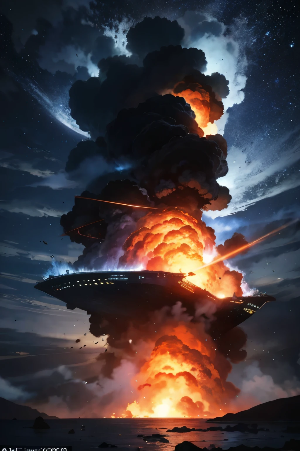 Breathtaking image of a bombed-out ship in the middle of a turbulent water body, with smoke billowing out in large plumes, signaling powerful explosions that have recently taken place. The water around the ship is filled with ripples and waves, adding to the chaotic scene. Huge explosions can be seen erupting everywhere, casting intense light and leaving trails of smoke that contrast sharply against the night sky. In the distance, an amazing volcanic eruption adds to the already explosive atmosphere, with burning ships and lava gushing out from the mountainside. Fire and smoke continue to fill the air, mingling with the explosions that seem to never end. Missile explos