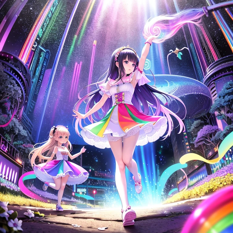A colorful fantasy world,Two girls walking hand in hand,Rainbow Road,Iridescent tree々,A sparkling river flows,Unicorns running around,Fairies are flying,Ai Fukuhara,Pink Dress,I can see a little bit of her white panties under her skirt,Purple gradient long hair,Flower crown,Black Hair Girl,Large breasts