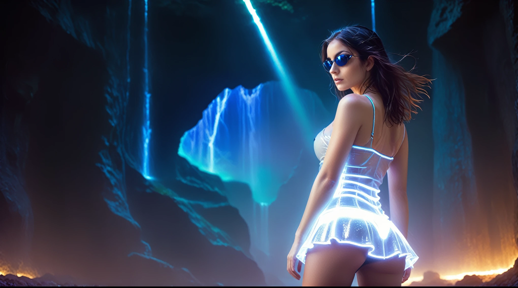 a temple ruin in a cave, fantasy shining blue water puddle with (((matrix-neon-code large waterfall))), vibrant dream, matrix style, at dark night after rain, fog, dreamlike surreal atmosphere, huge user interface, (((1girl, solo))), sexy large-breast gorgeous slim woman, cleavage, clear face, (((holding a short gun))), (((in tube top, extreamly short miniskirt))), sunglasses, looking at camera, (((very low angle view))), (((half-body thigh level close-up shot))), (((cinematic neon vortex shimmer))), simple sci-fi circuit-board encarved wall, sci-fi abstract background