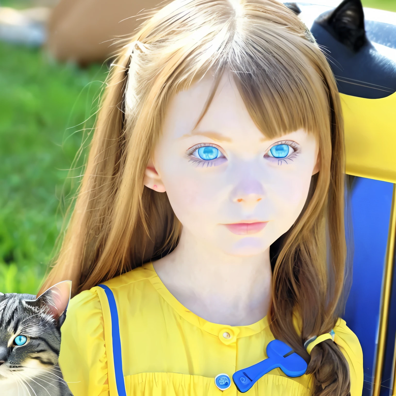 A cartoon girl with a cat. Cat has blue eyes not the girl. The girl has long hair with h clip and out on yellow dress. 