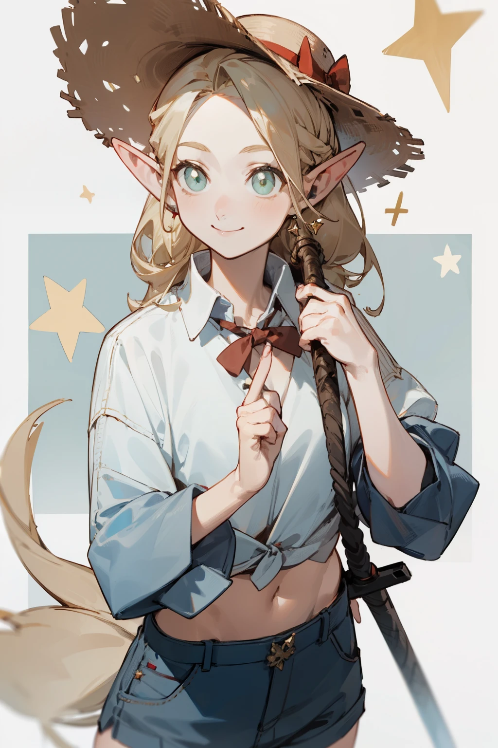 Wearing a bikini、Wearing a hat and a sword, Wearing headphones,(masterpiece, best quality) detailed,silver accessories , Blonde ,elegant, Pointed ears ,White shirt,shorts,Double tail,Waist-length hair,Smile,Star decoration,Wearing a straw hat