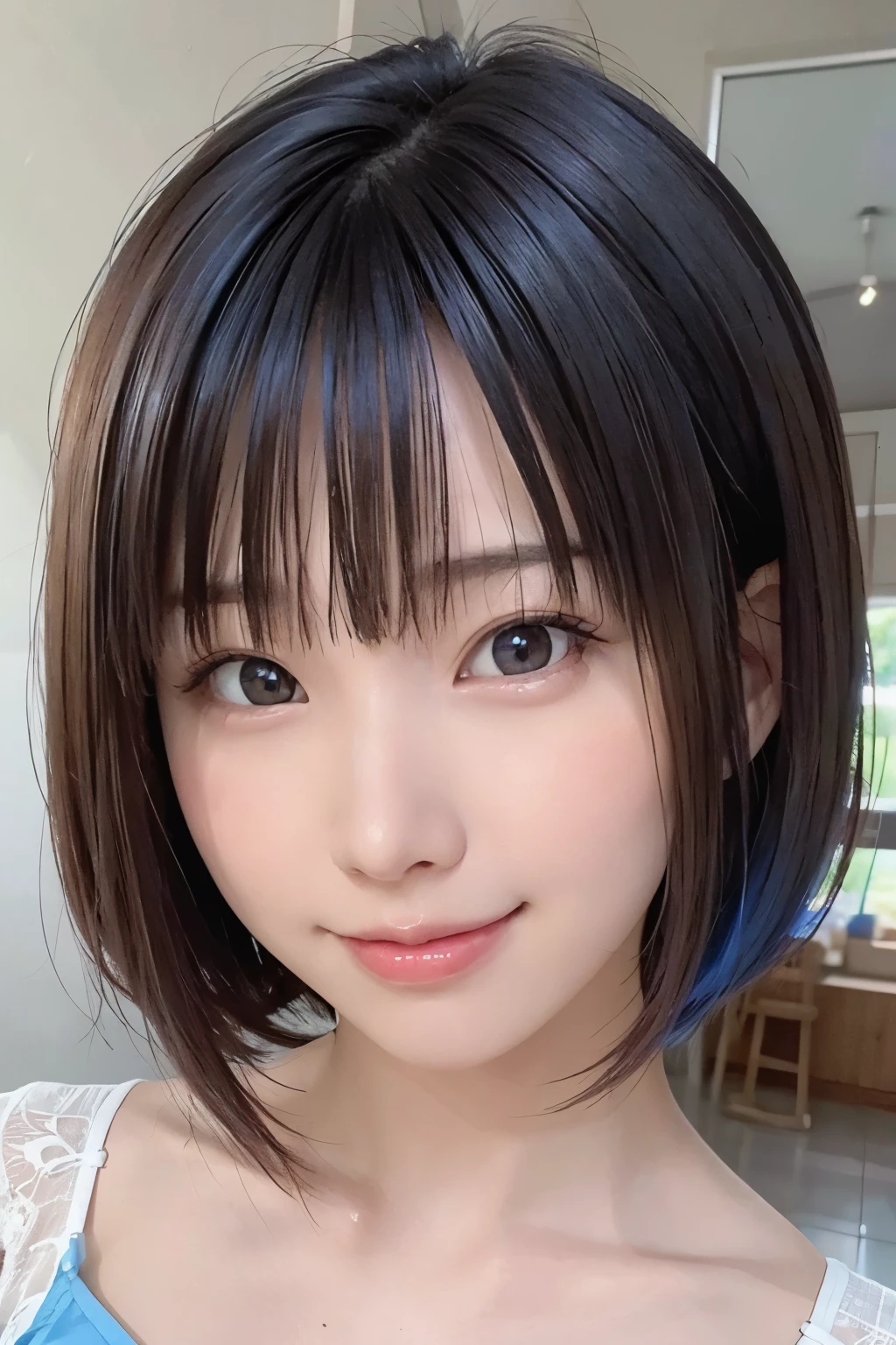 8k, Close-up of face:1.5、highest quality, masterpiece, Realistic, Super detailed, photo Realistic, hyper Realistic, Smoother lighting, Improving the lighting quality of movies, Realistic lighting, Backlight, Bright light, Improvement of quality, highest quality real texture skin, 
close, thin, cute顔, smile, Beautiful details in the eyes, 19 years old Korean, cute, Electric blue drill hair, camisole,