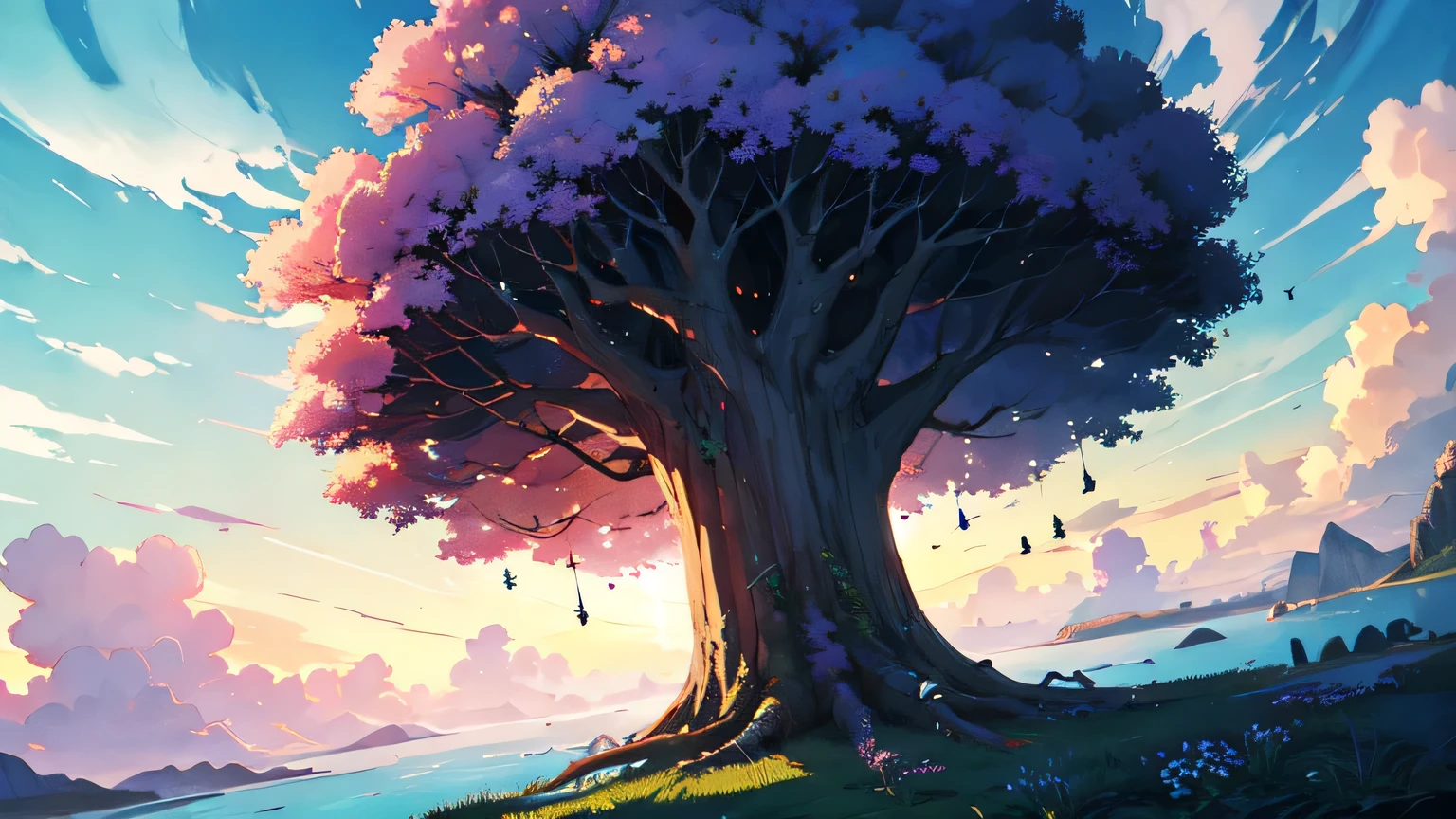 huge tree Yggdrasil, cloud ocean below, perfect magnificent background world, dutch angle, ink painting style