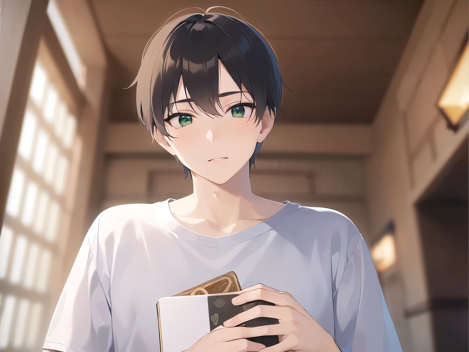 Shooting from below、forward hands、Biologically correct five fingerasterpiece、highest quality、(25-year-old male:1.5) and (Brown short hair) and (Green Eyes) , (White T-shirt) 、Serious expression、 The background is the living room at night、(Alone:1.5)、Upper body is shown、Are standing