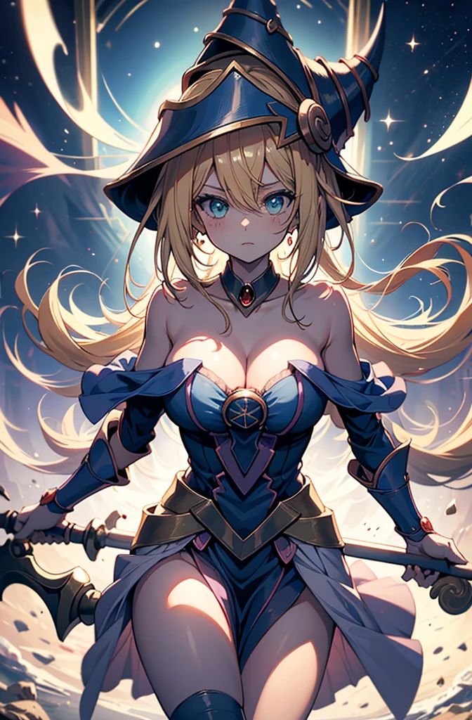 dark magician girl, duel monster, blush stickers, blonde hair, green eyes, long hair, , blush, bangs, large , hair between eyes, pentacle, pentagram, hat, dress, ,  shoulders, collarbone, choker, blue headwear, wizard hat, bracer, detached sleeves, highest quality,((highest quality)),((Tabletop)),((Perfect Face)),become close５Two fingered hand,1 girl,(Background Blur),, Unreasonable,Her figure is extremely beautiful, Emphasizing the dark and crazy elements. Skillfully expressing the effects of light and shadow, detailed, The face and expression are carefully drawn..., Artistic elements add depth to the work, With a unique artistic touch. This film is visually stimulating、Aesthetically pleasing.,sketch (Character design sheet, same characters, whole body, Three-View, front, ~ ~ ~ side, return),,milky way, (Stripes of light), Impressive visuals, (Dynamic Streaks, Path of Light:1.2), Bright colors, Look up,Dynamic pose, Fountain in the background,　Carrying a walking stick, Looks like an anime poster,　A fateful journey