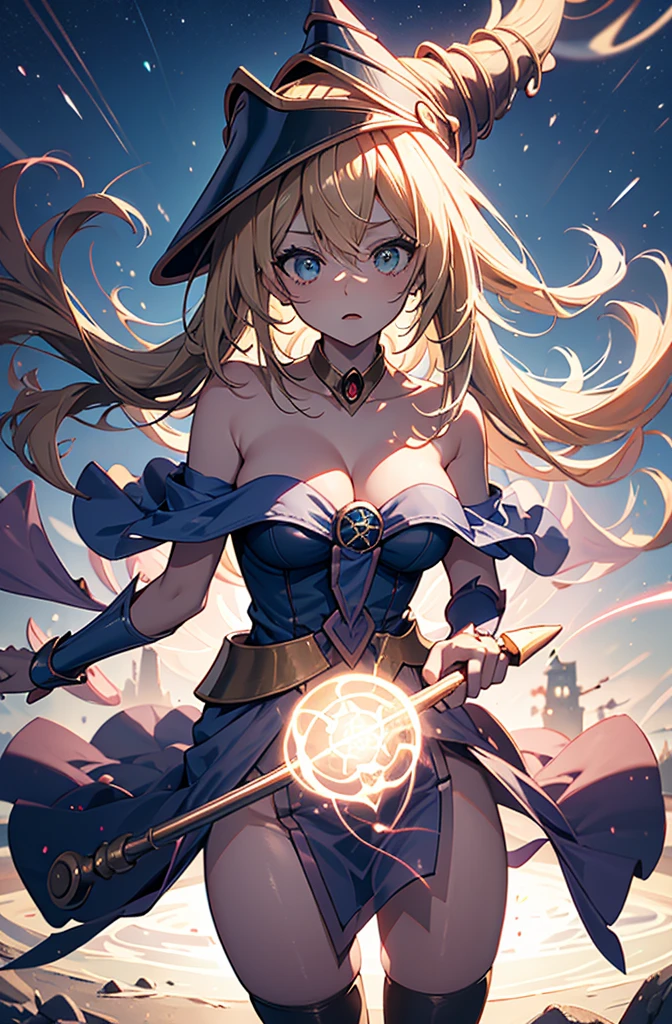 dark magician girl, duel monster, blush stickers, blonde hair, green eyes, long hair, breasts, blush, bangs, large breasts, hair between eyes, pentacle, pentagram, hat, dress, cleavage, bare shoulders, collarbone, choker, blue headwear, wizard hat, bracer, detached sleeves, highest quality,((highest quality)),((Tabletop)),((Perfect Face)),become close5Two fingered hand,1 girl,(Background Blur),, Unreasonable,Her figure is extremely beautiful, Emphasizing the dark and crazy elements. Skillfully expressing the effects of light and shadow, detailed, The face and expression are carefully drawn..., Artistic elements add depth to the work, With a unique artistic touch. This film is visually stimulating、Aesthetically pleasing.,sketch (Character design sheet, same characters, whole body, Three-View, front, ~ ~ ~ side, return),,milky way, (Stripes of light), Impressive visuals, (Dynamic Streaks, Path of Light:1.2), Bright colors, Look up,Dynamic pose, Fountain in the background, Carrying a walking stick, Looks like an anime poster, A fateful journey