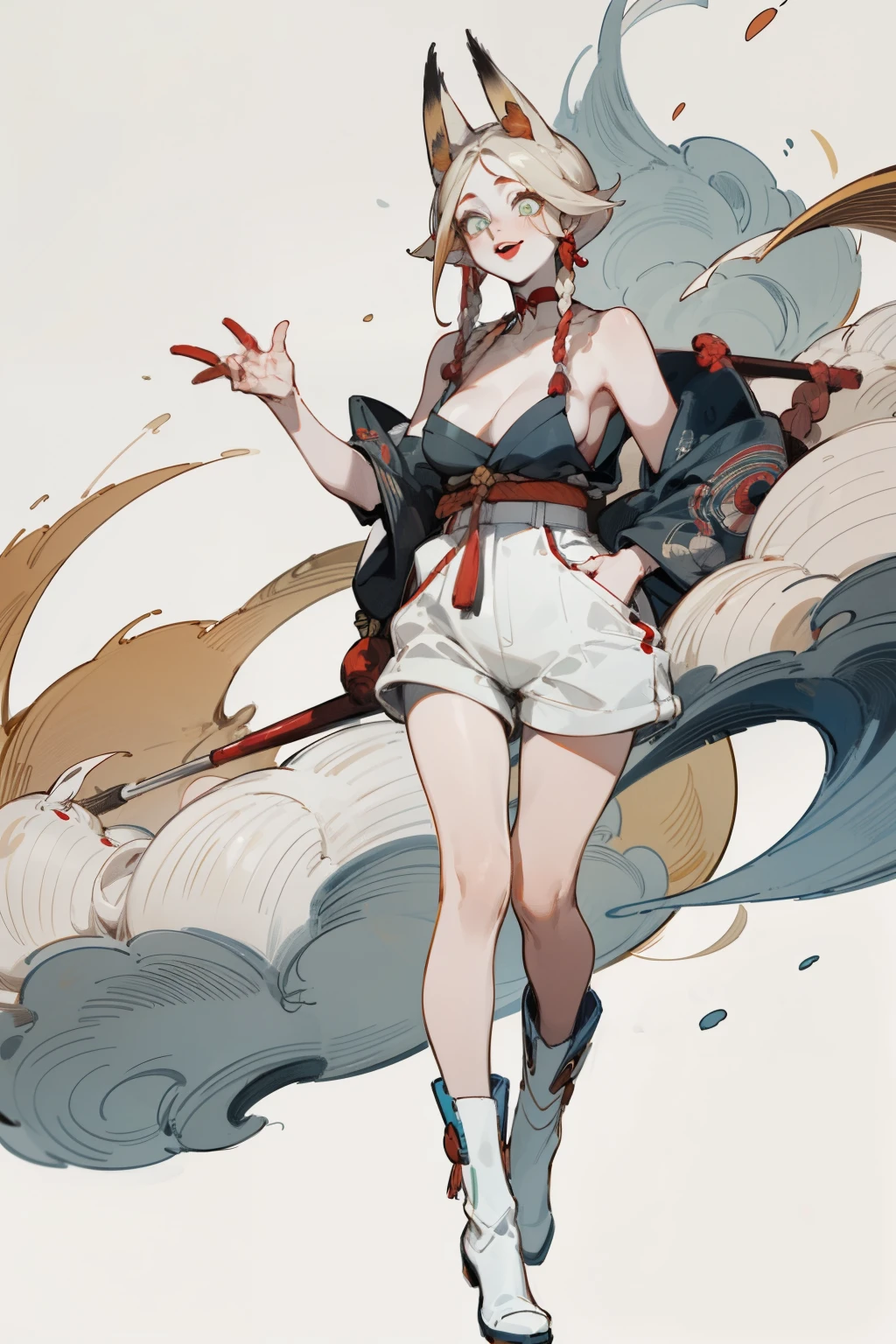 Wearing a bikini、Wearing a hat,Wearing headphones, (masterpiece, best quality) detailed,silver accessories , Blonde ,elegant, Pointed ears ,Chinese element pattern,Wear a white shirt,Navel exposed,Barefoot