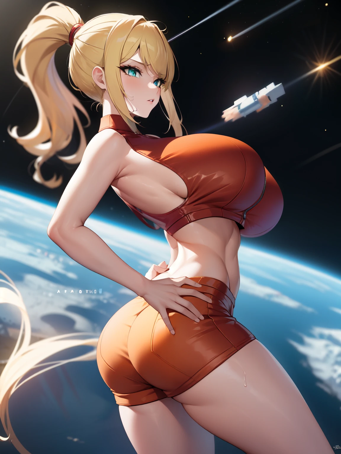 masterpiece, best quality, samus aran, blonde, ponytail, hair tie, aqua eyes, (orange croptop, orange shorts), hand to hip, outer space, sideboob, abs, large breasts, cowboy shot, huge ass, front view