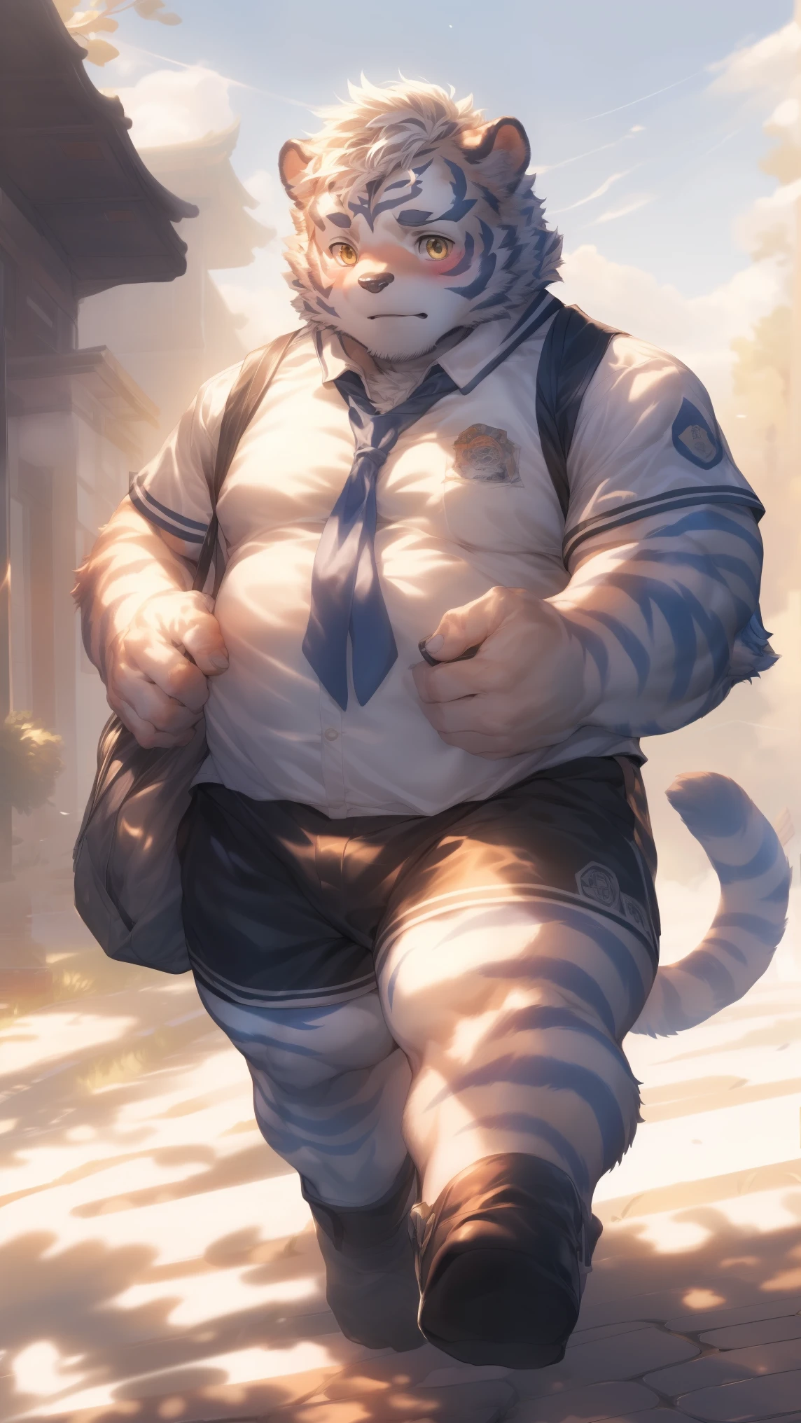 (through empty ghost, From thebigslick, through dark gems, Will chase), Keyuan Tower (Onmyoji Daisenji Temple), High quality photos, Perfect anatomical structure, Anthropomorphic white tiger, Men, , thick eyebrows, (short hair:1.5), Light blue stripes, Strong body, pectoralis major, Light blue school uniform, Black bow tie, Black shorts, Small bump, Carrying a school bag, Walking on the road，Shy expression, blush, Golden pupils, Look at the audience, Clear facial features, Strong, Solitary, solo, Front view, Full body image, Fog atmosphere, On the streets of the city，Roadside trees，Roadside bench，mailbox，Correct gestures