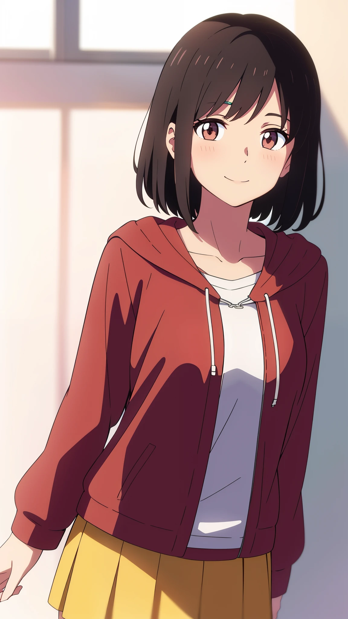 (masterpiece, best quality, high quality, highres, ultra-detailed), shinkai makoto, kimi no na wa., 1girl, bangs, black hair, short hair, blush, bright eyes, brown eyes, shinny skin, red headband, red ribbon, hood, hoodie, skirt, medium breasts, solo, adult, cute, smile, looking at the viewer, white background
