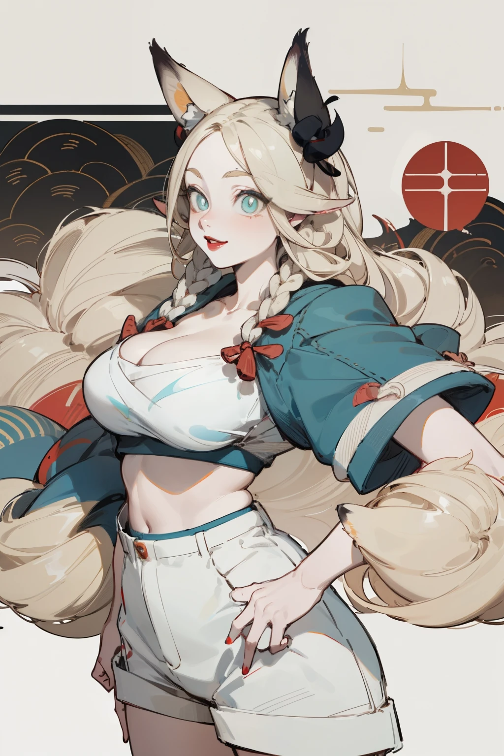 Upper body standing painting, White skin, (Fox ears), Exquisite eyes,Red Eyeshadow, Red lips，White miniskirt,Fake laugh, Ukiyo-e, masterpiece, high quality, at the lowest limit, Tiny,White boots，Huge breasts,The navel leaks out