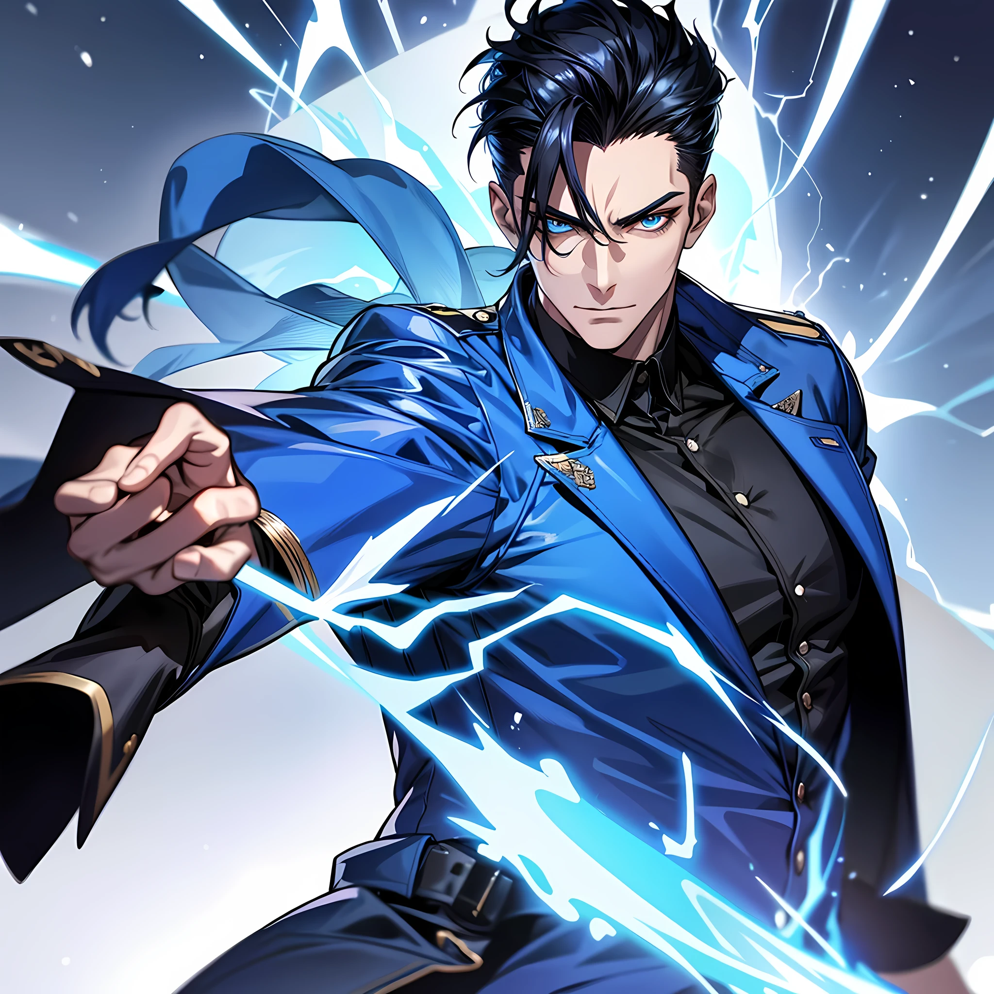 Cool guy, with a casual yet confident demeanor, clads himself in a simple yet striking blue jacket. His jet-black hair, slicked back, frames a chiseled jawline, revealing his strong features. His piercing light blue eyes, as deep as the ocean, mirror the intensity of his personality. He possesses a remarkable ability, a power like no other - blue lightning. This electrifying force ripple through his veins, waiting to be harnessed, ready to strike at a moment's notice, (detailed eyes, eyes extremely detailed, half-body:0.6), detail close up