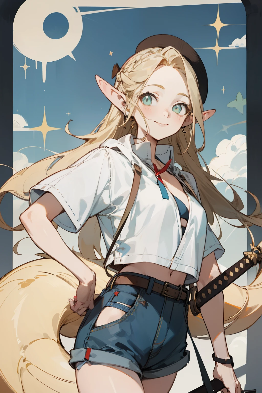 Wearing a bikini、Wearing a hat and a sword, Wearing headphones,(masterpiece, best quality) detailed,silver accessories , Blonde ,elegant, Pointed ears ,White shirt,shorts,Double tail,Waist-length hair,Smile,Star decoration,Wearing a straw hat